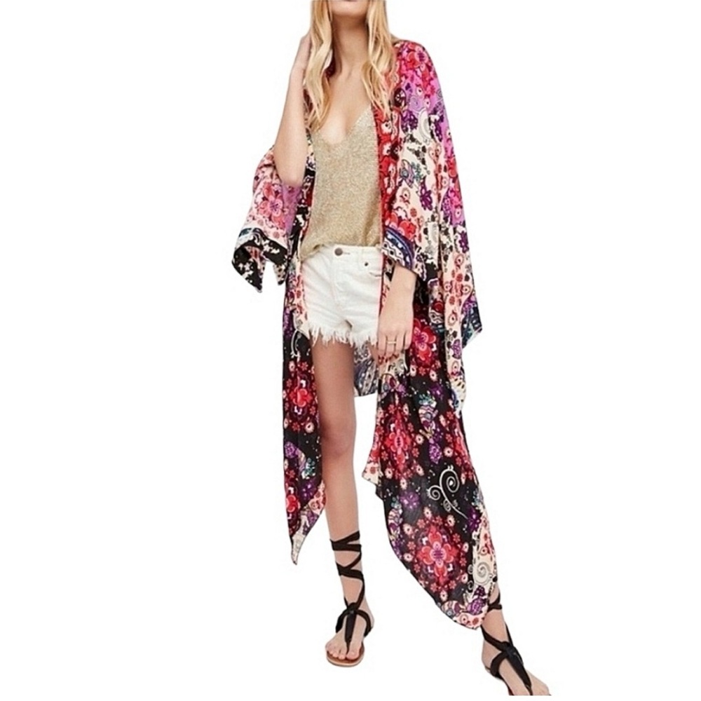 Free People Kimono Paisley Floral Cut Out Duster Bohemian Free One Size EUC